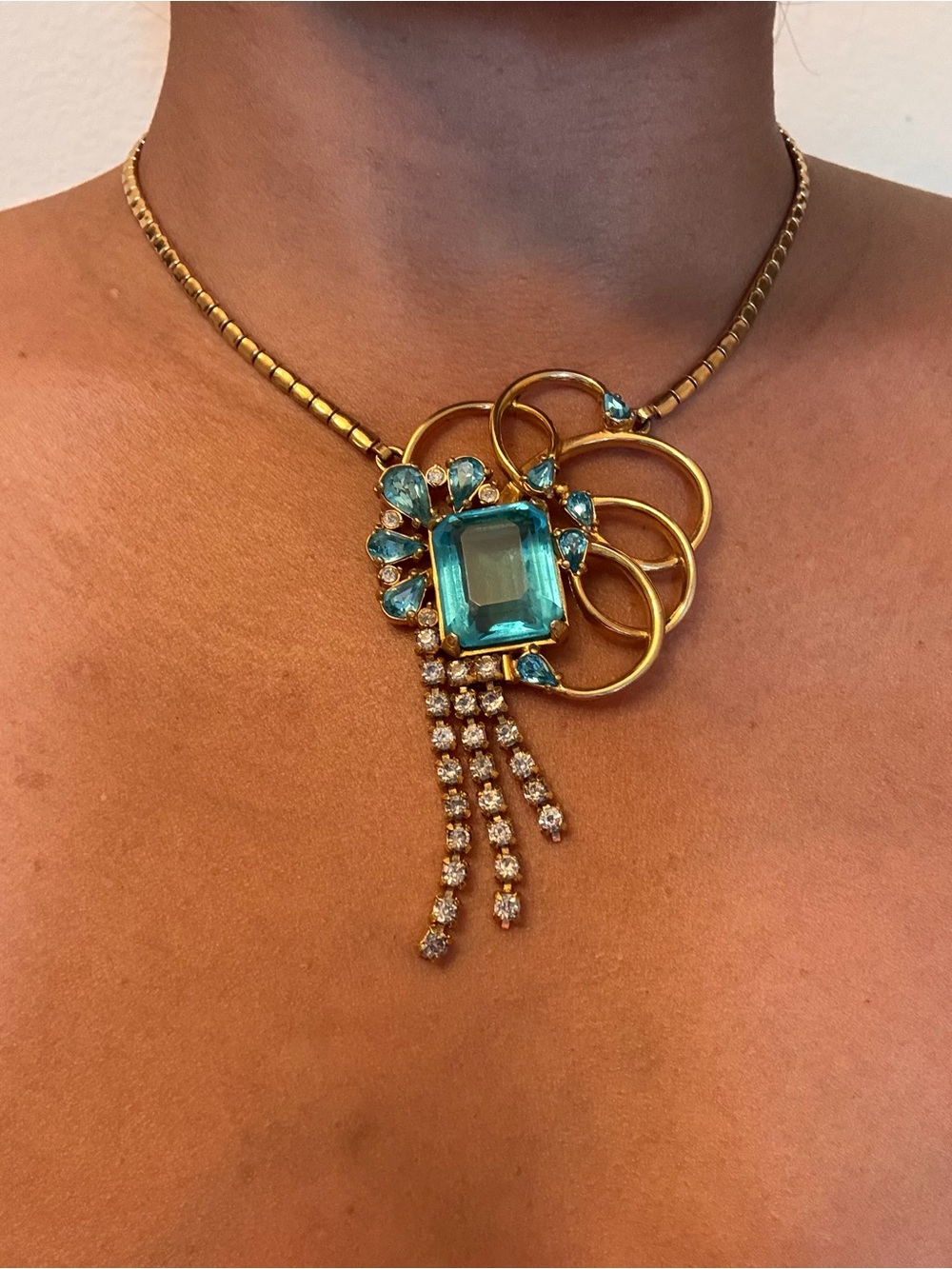 Gold Plated Necklace with Turquoise Blue Crystal Pendant